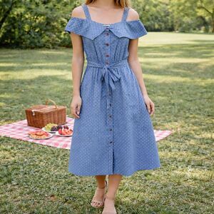 Mo : Vint New York Blue Polka Dot Dress Small Summer Fit & Flare